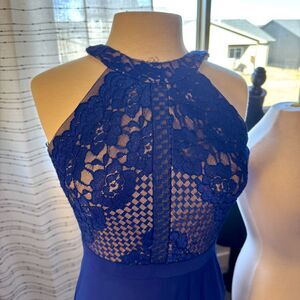 1016 Size 4 Morgan and Co royal blue high neck lace formal dress a-line slit